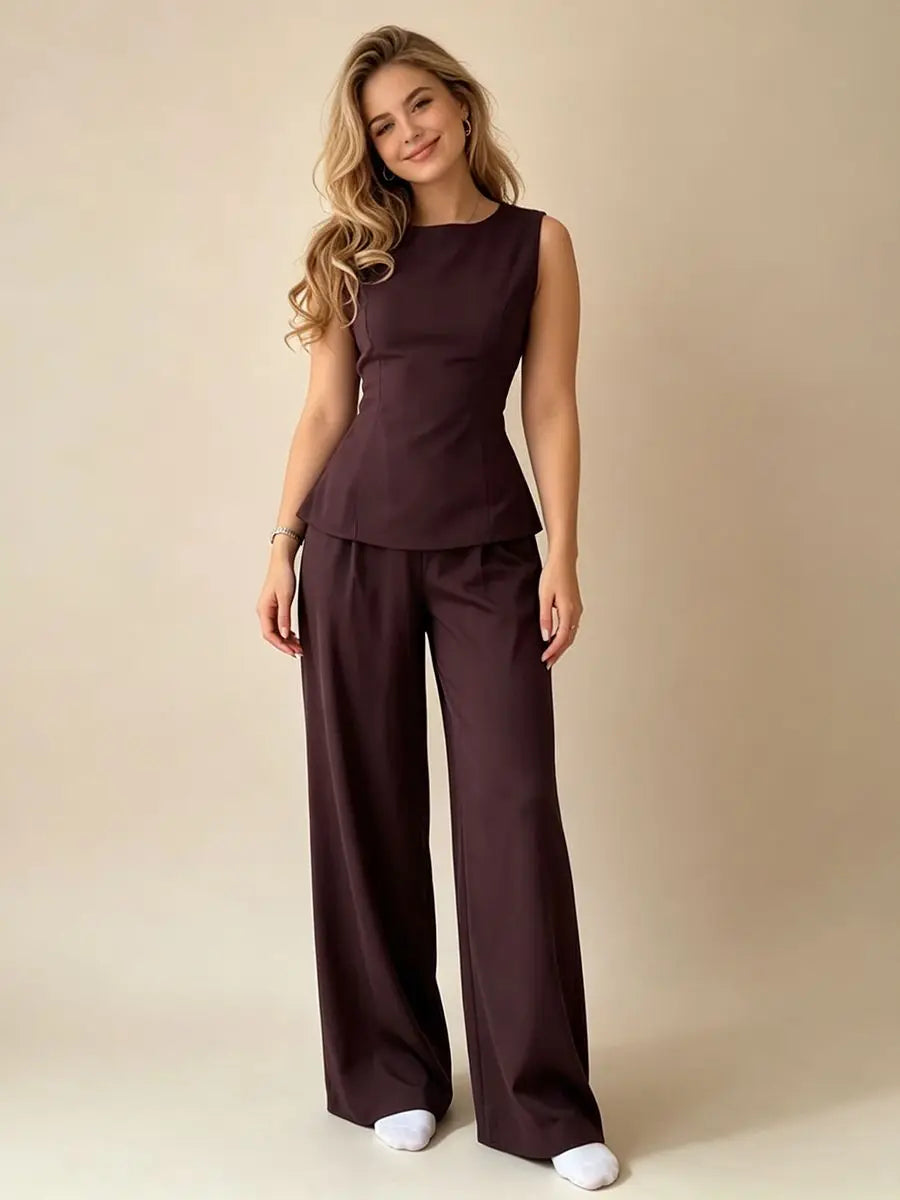 2026 Women Elegant Back Tie Sleeveless Peplum Top + Wide Leg Pants 2 Piece Casual Set
