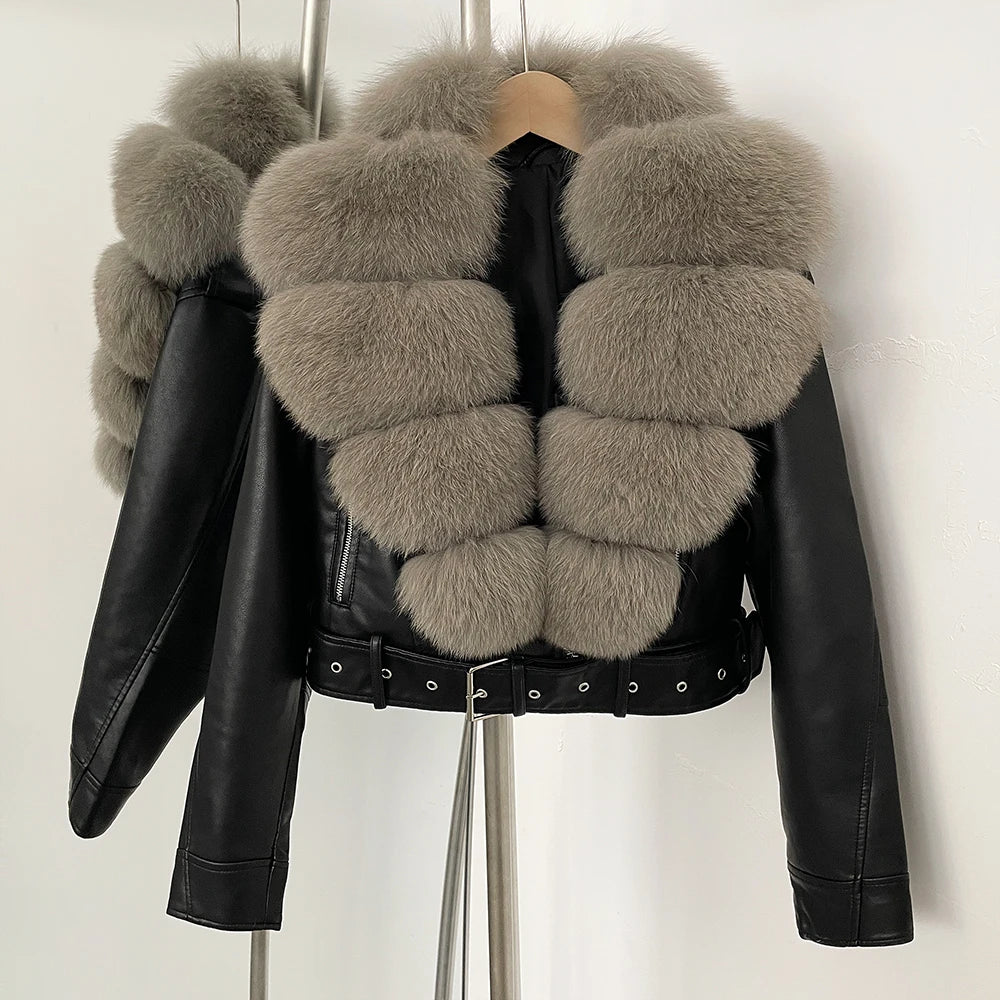 Elegant Faux Leather Jacket Female New Natural Fox Fur Autumn Short Top Clothing PU Women Long Sleeve Fake Leather Real Fur Coat
