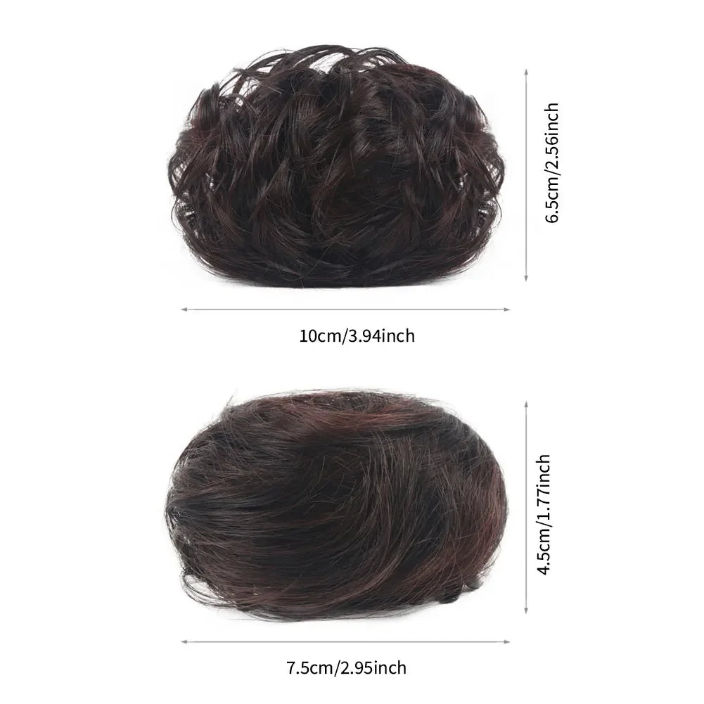 Girls Curly Scrunchie Chignon Band Brown Black Synthetic Hair Ring Wrap On Messy Bun Ponytails Straight Hair Tie
