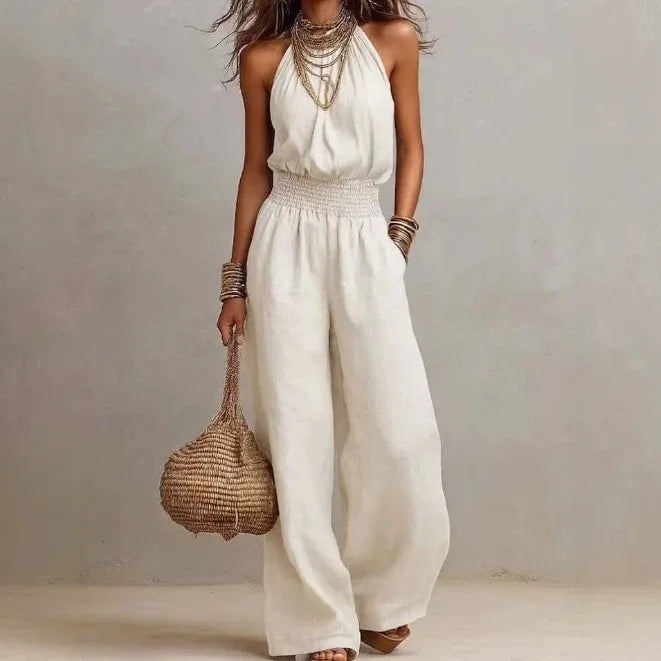 New Sleeveless Linen Backless Jumpsuit Women's Cross-Border Street Style Wide Leg Pants Long Trousers No Neck Label