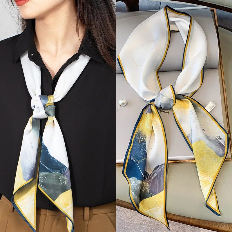 Fashion Blue Print Silk Scarf Women Soft Satin Horse Hairband Bevel Neckerchief Office Hijab Headband Foulard Bag Ribbons Gift