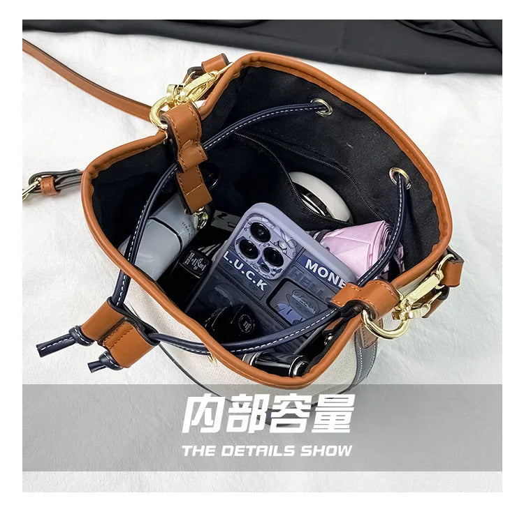 Canvas Bucket Bag Luxury Designer Handbags Women PU Shoulder Bag Fashion Crossbody Daily Commuting Tote Bag