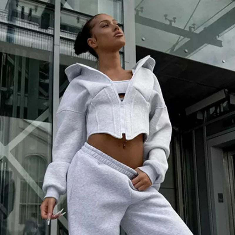Street Women's Solid Hooded Sweatshirt Jacket Slim Long Sleeved Zipper Waist Cinching Cropped Jackets 2026 Autumn Lady Suits New