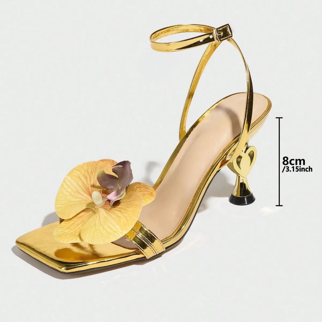 Women's Decorative Orchid Cross Band Ankle Strap Sandals Open Toe Square Head Thin Heel Clogs Fashionable Summer Shoes