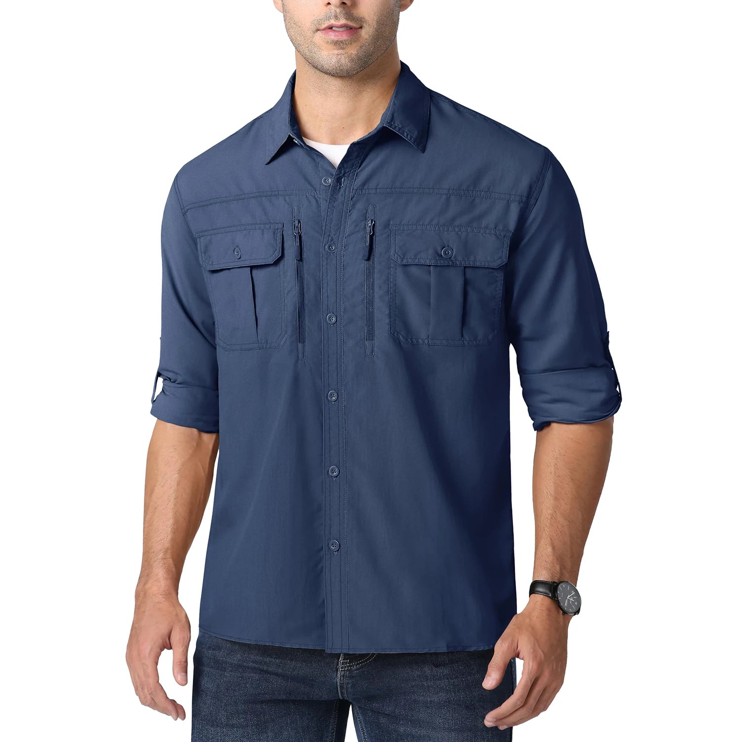 MAGCOMSEN Men UPF 50+ Safari Cargo Shirt Quick Dry Mesh Breathable Long Sleeve Zip Pockets Outdoor Hiking Fishing Work Tops