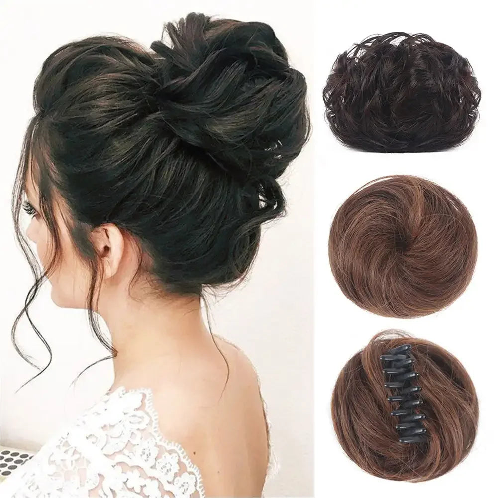 Girls Curly Scrunchie Chignon Band Brown Black Synthetic Hair Ring Wrap On Messy Bun Ponytails Straight Hair Tie