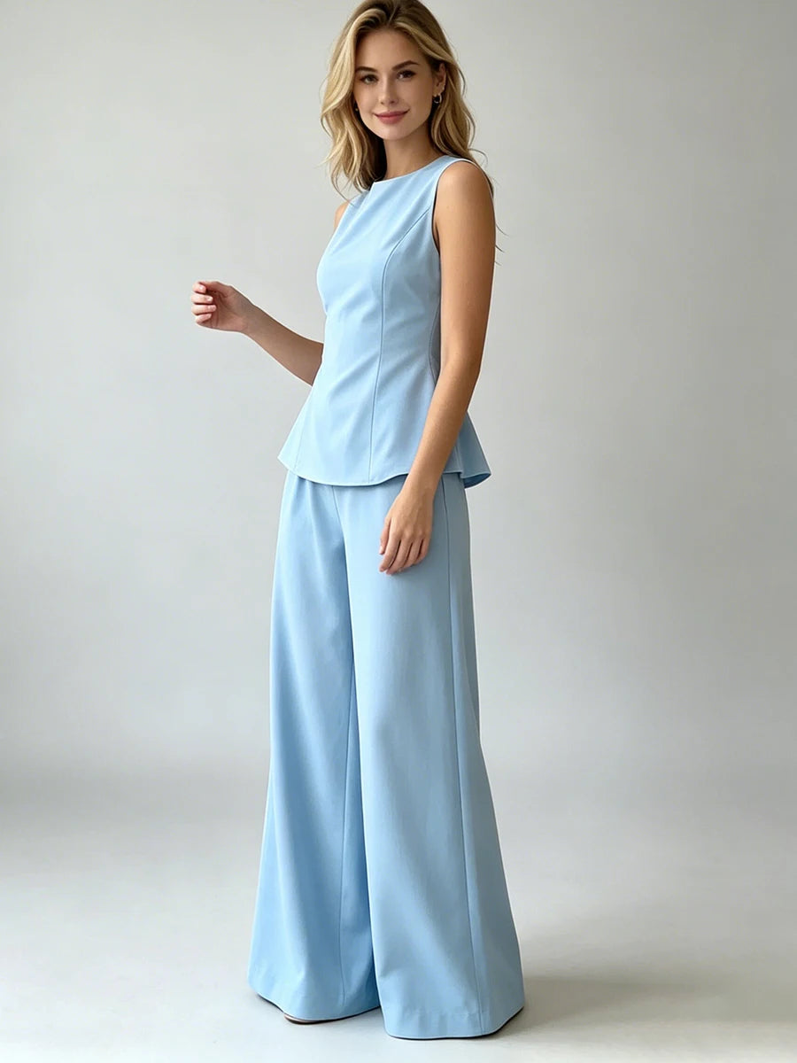 2026 Women Elegant Back Tie Sleeveless Peplum Top + Wide Leg Pants 2 Piece Casual Set
