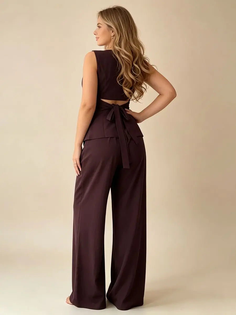 2026 Women Elegant Back Tie Sleeveless Peplum Top + Wide Leg Pants 2 Piece Casual Set