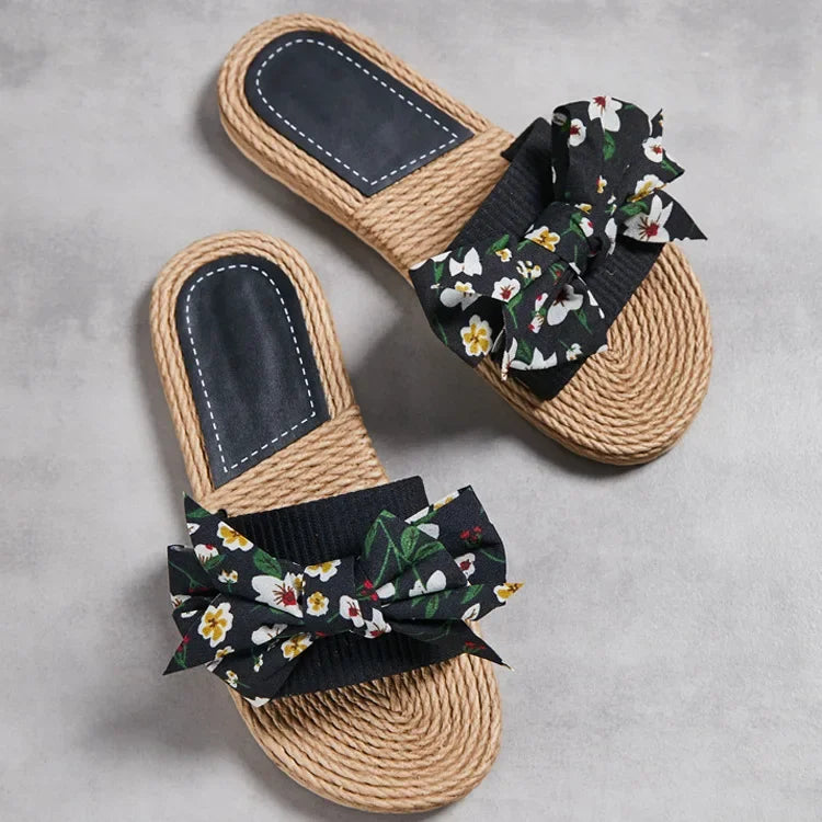 Female Summer Slippers Artificial Straw Sole Shoes Lady Summer Indoor Flat with Flip Flops Stitching Floral Women Slippers