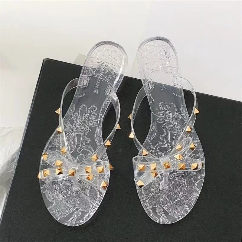 Summer Women Slippers Bow Flip Flops Rivet Flats Sandals Outdoor Transparent Crystal Beach Shoes Female Open Toe Shoes
