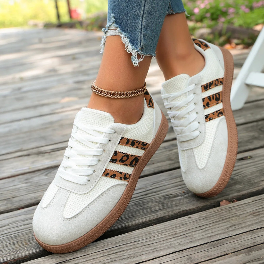 Women Sneakers 2026 New Fashion Leopard Striped Designer Shoes Lace Up Soft Soled Loafers Casual Comfortable Female Sneakers