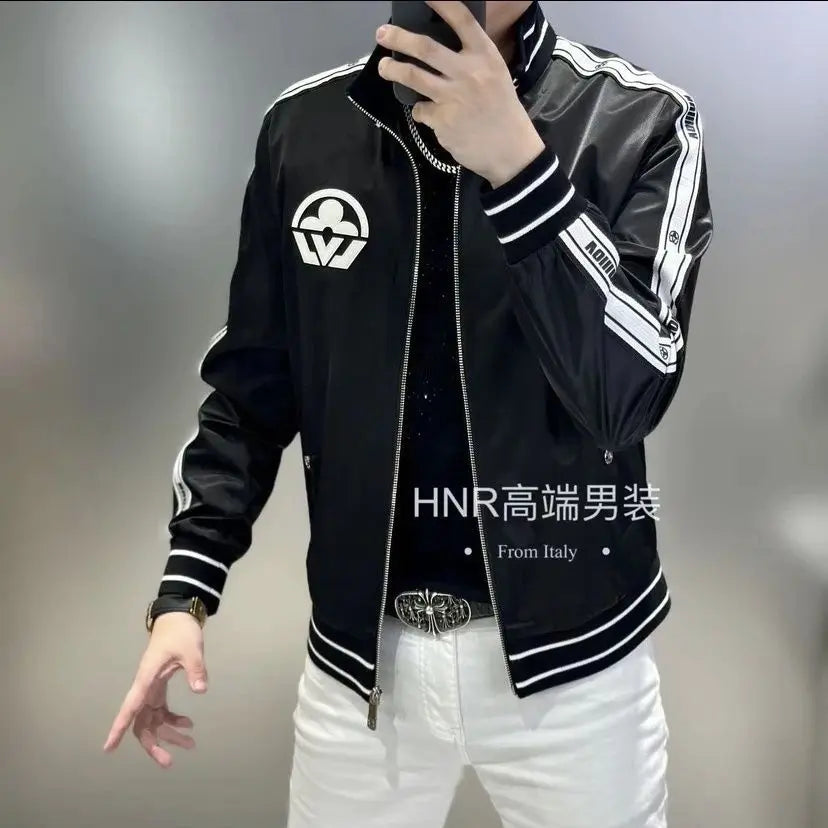 New men's stand-up neck webbing splicing letter printing pattern high quality trend casual versatile jacket