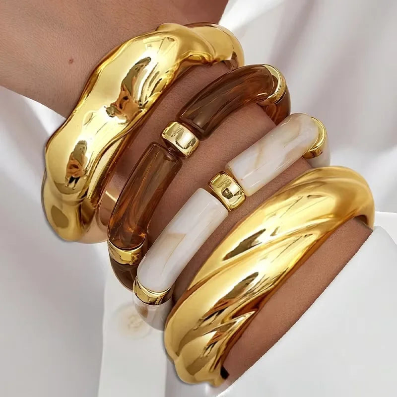 4pcs Vintage Stackable Resin Acrylic Bracelets for Women Bohemian Chunky Round Tube Beaded Elastic Bangle Bracelet Jewelry Gifts