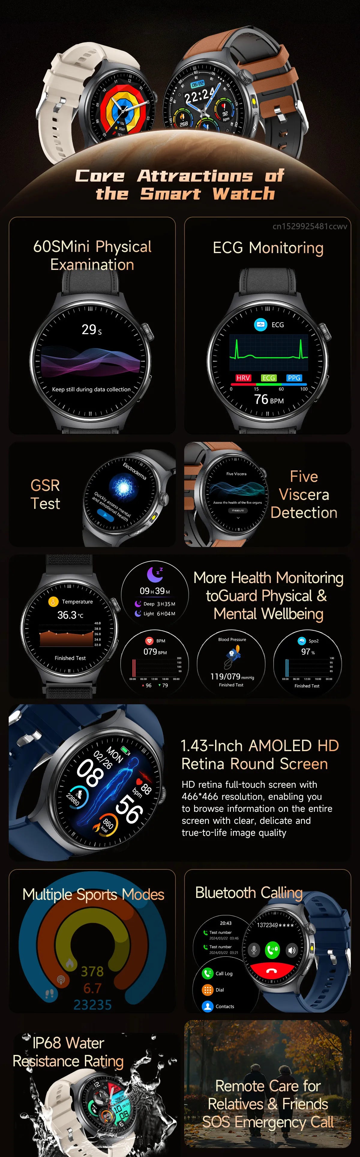 TK27 Men Smart Watch AMOLED ECG Health Monitoring Outdoors Flashlight Bluetooth Calling Sports Fitness Tracker Smartwatch
