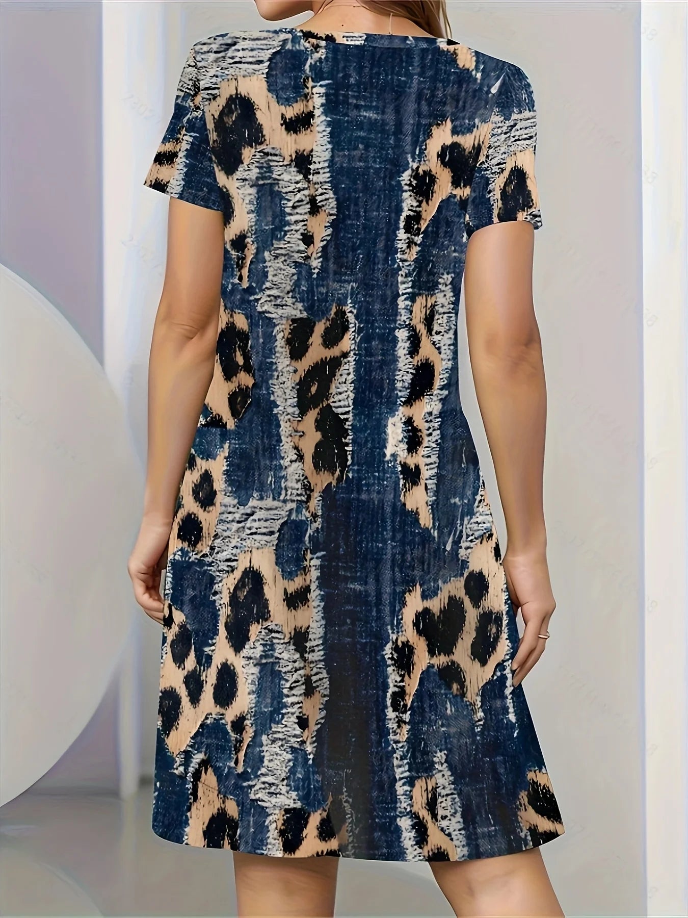 Women's Summer Short Seeved Round Neck Casual Mini Dress Vintage 3D Imitation Denim Printed Dress Elegant Women's Dress Vestidos