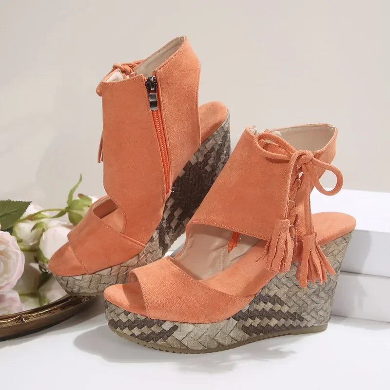 2025 Summer Suede Leather Women's Thicken High Heels Hollow Out Sandals Sexy Elegant Platform Wedges Open Toe Ladies Shoes