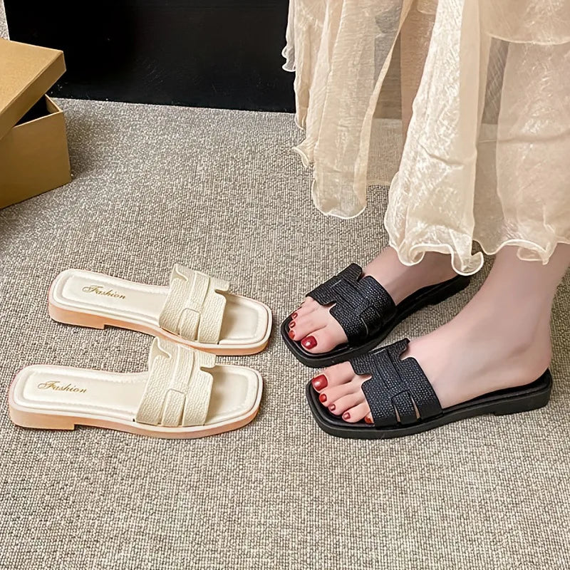 Fashion women's smooth slippers small Xinhong style French-style square toe high-end summer beach and outdoor slippers Advanced