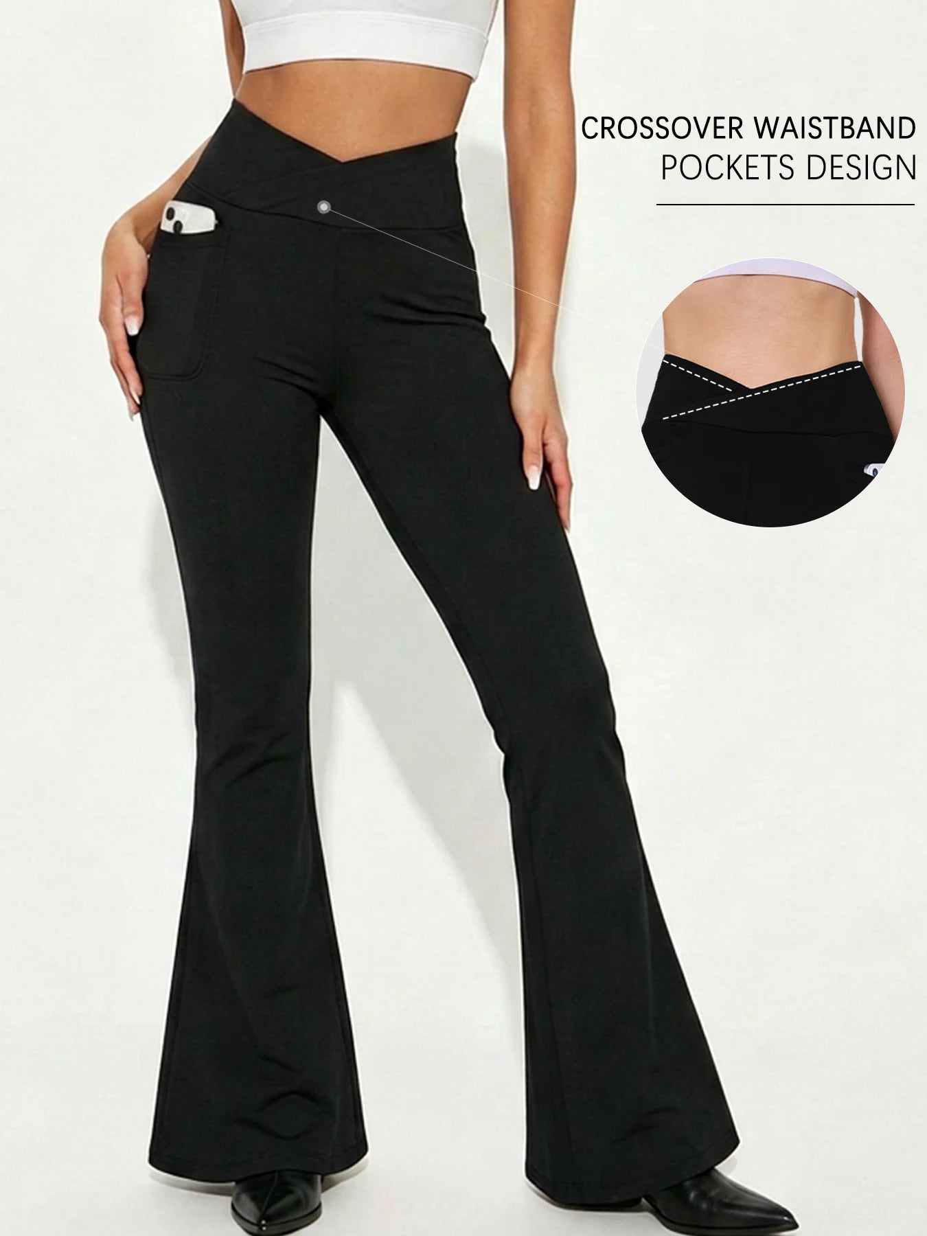 Super Soft Crossover Leggings Women High Waisted Flare with Pockets Tummy Control Yoga Pants