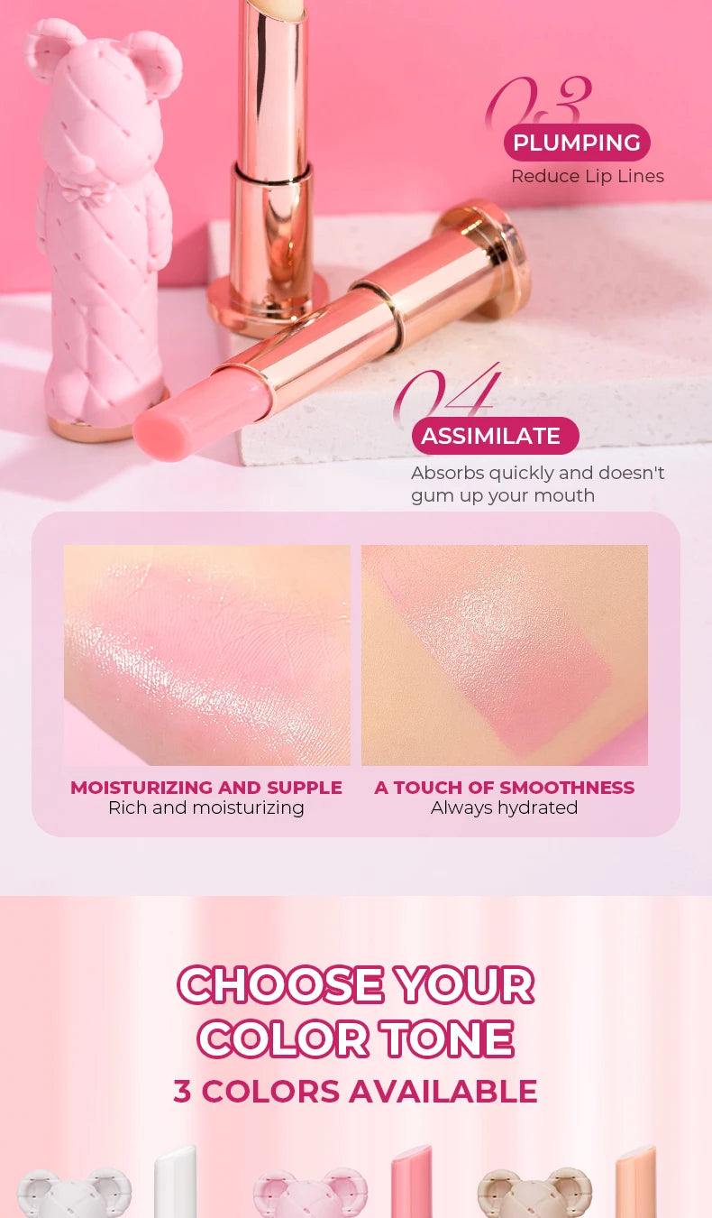 BEAUTY GLAZED Pink Bear Long Lasting Moisturizing Waterproof Natural Lip Balm Natural Formula Repairs Dry Lips Makeup