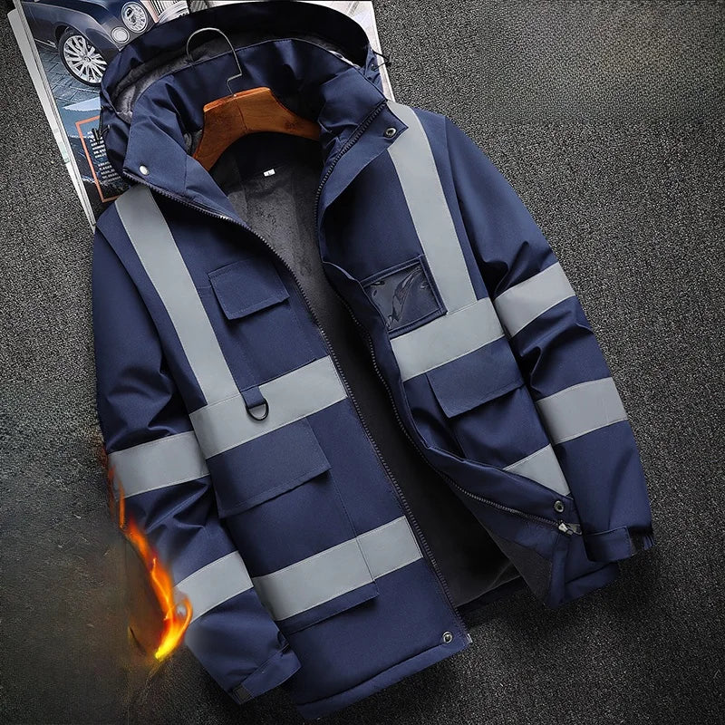 Thiened Fce Workwear Jaet ex Warm Windproof Reflective Cotton Coat Men's Casual Sle Removable Hat Zipper Closure