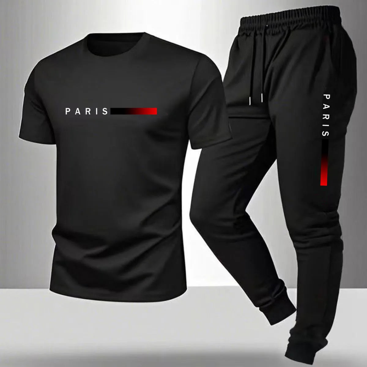 Men's casual sports outfit, printed round-neck short-sleeved T-shirt and long pants, suitable for outdoor wear.
