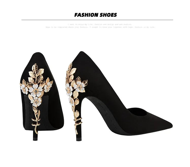 High End Metal Flower High Heels New European American Fashion Luxury Sexy Pointed Women's Shoes Banquet Party Casual Shoes