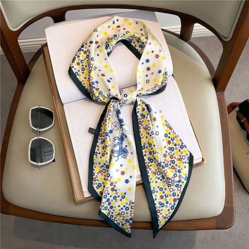 Horse carriage houndstooth decorated summer lightweight scarf fashionable long neckerchief women versatile slim bias-cut ribbon