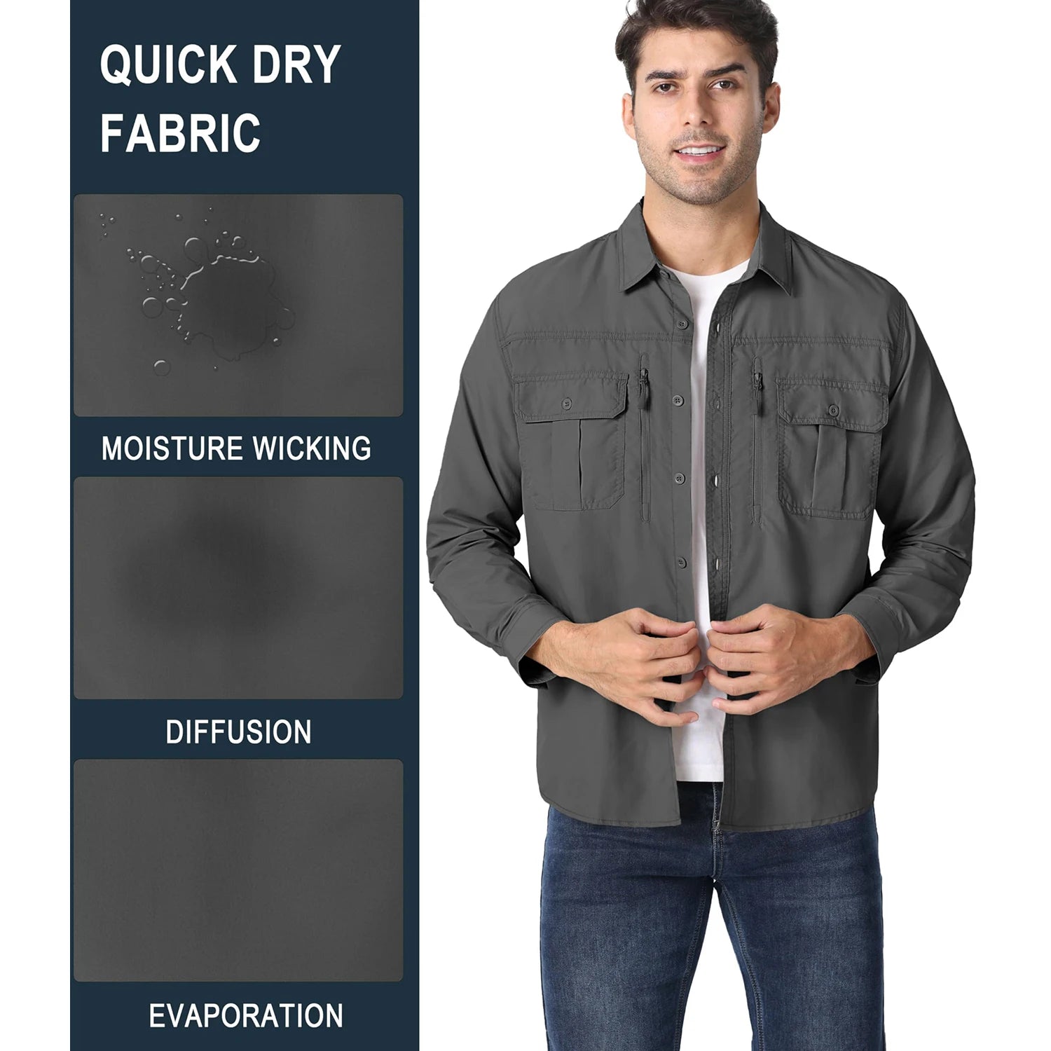 MAGCOMSEN Men UPF 50+ Safari Cargo Shirt Quick Dry Mesh Breathable Long Sleeve Zip Pockets Outdoor Hiking Fishing Work Tops