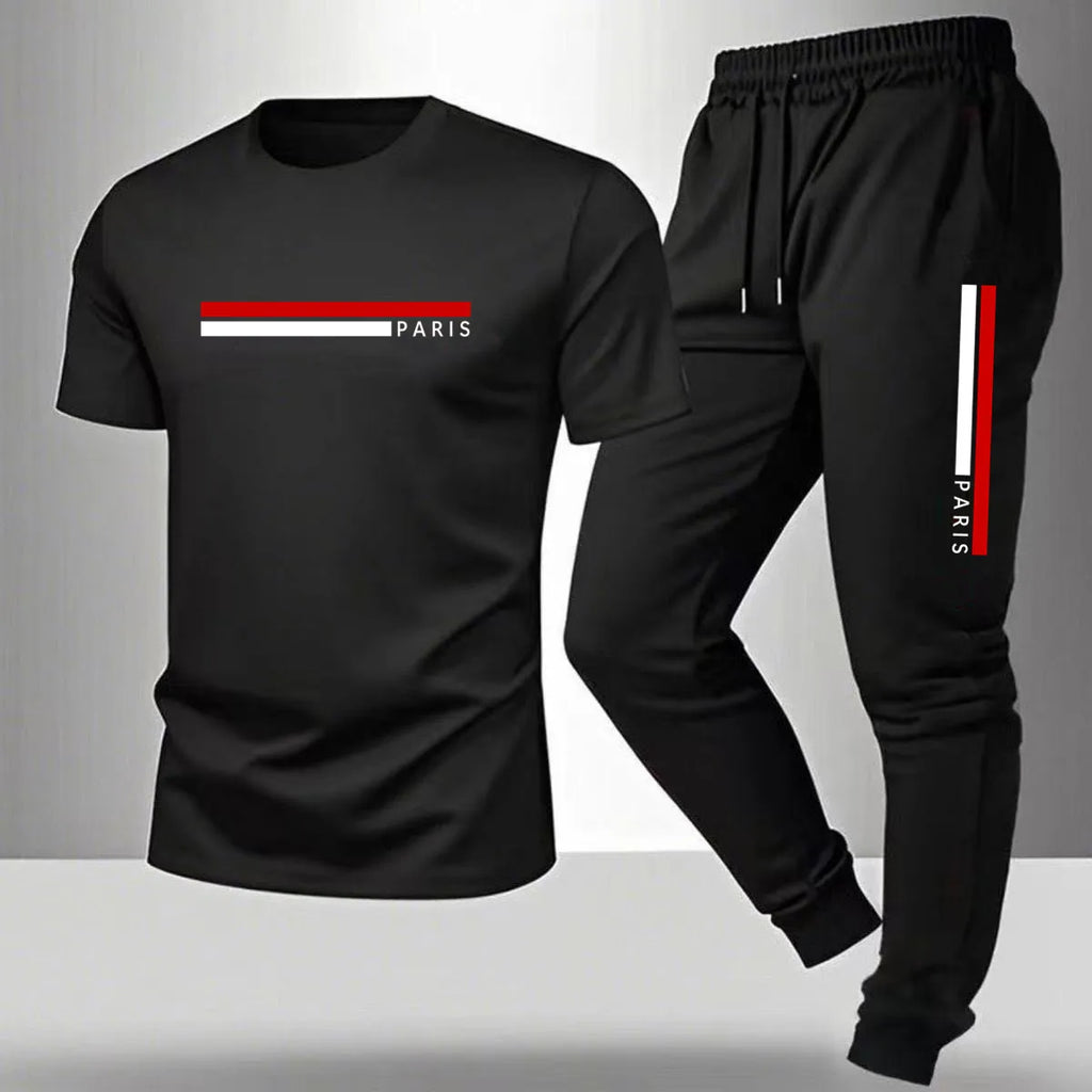 Men's casual sports outfit, printed round-neck short-sleeved T-shirt and long pants, suitable for outdoor wear.