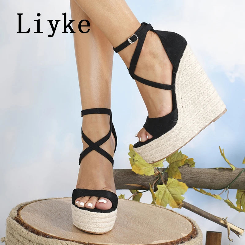 Liyke Size 35-42 Platform Wedge Sandals Sexy Fashion Thick Bottom Open Toe Buckle Strap Black High Heels Woman Shoes Summer 2026