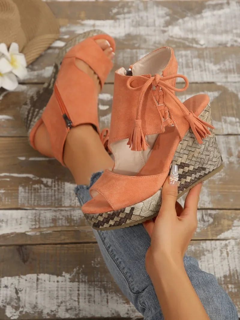 2025 Summer Suede Leather Women's Thicken High Heels Hollow Out Sandals Sexy Elegant Platform Wedges Open Toe Ladies Shoes