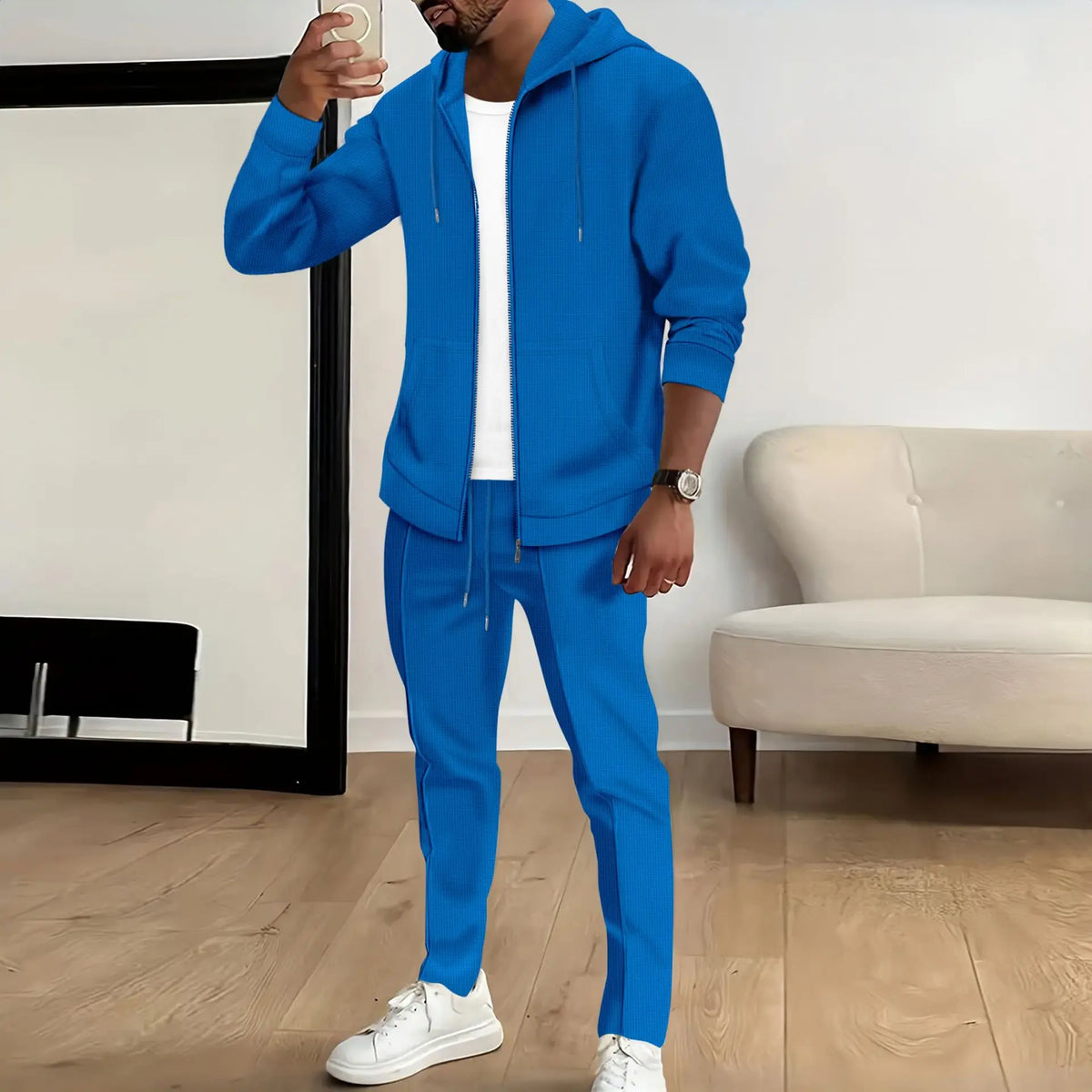 Spring and Autumn New Waffle Men's Casual Slim-Fit Hooded Long-Sleeved Cardigan Matching Color Fashion High Quality Tracksuit Pa