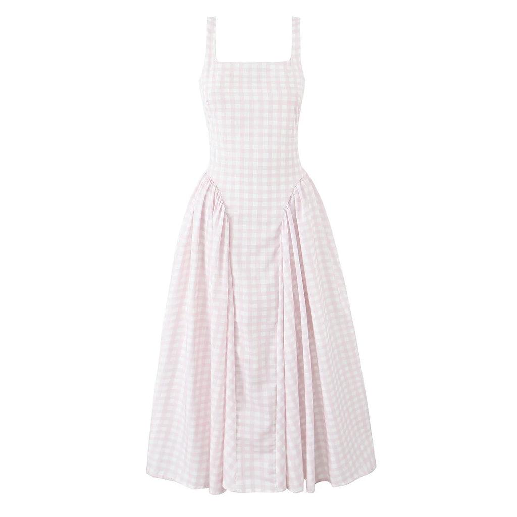 YENKYE Lace Up Bandage Plaid Sling Dress Women Elegant Square Neck Low Waist A-line Midi Summer Dresses Holiday Party Robe 2025