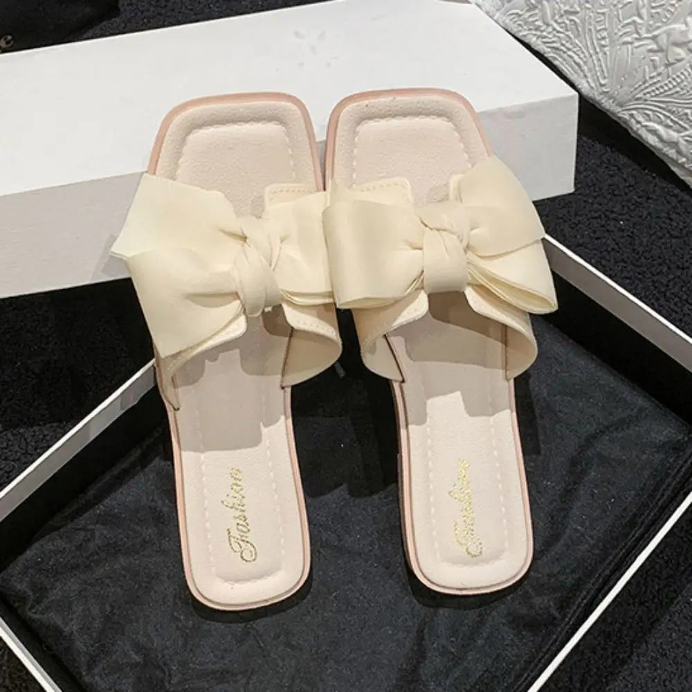 Elegant Soft Sole Bowknot Slippers Anti Slip PVC Flat Slides Sandals Beachwear Sweet Slippers Women Ladies