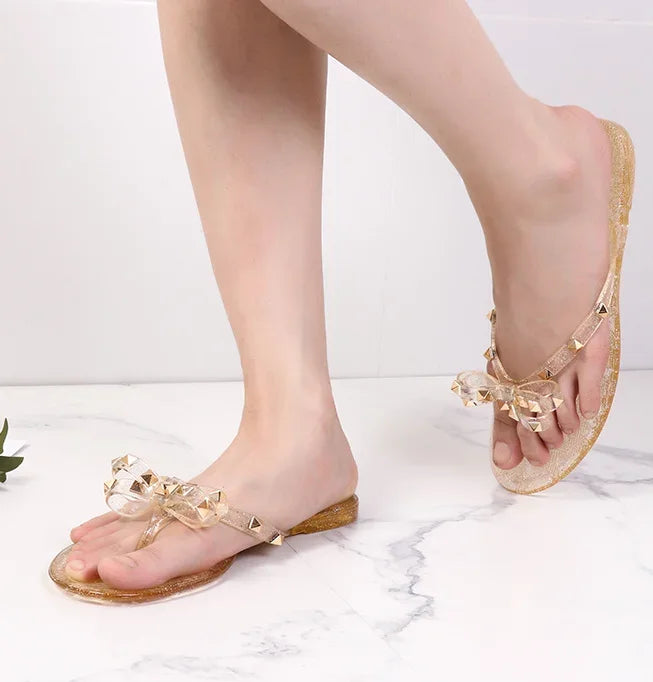 Women Low Pricing  Jelly Shoes Rivets Studs Bow-Knot Leisure Daily Flip-Flops For Raining Days Anti-Slip Flat Slippers Zoris 36