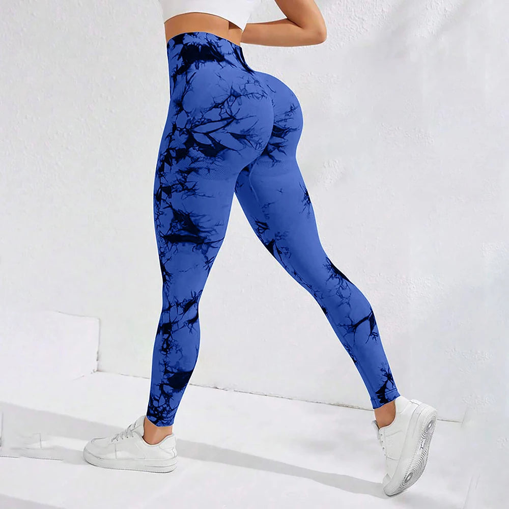 Women's High Waist Seamless Yoga Pants, Tie Dye Print Peach Shaped Butt Lifting Leggings for Running Fitness Workout