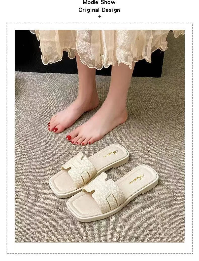Fashion women's smooth slippers small Xinhong style French-style square toe high-end summer beach and outdoor slippers Advanced