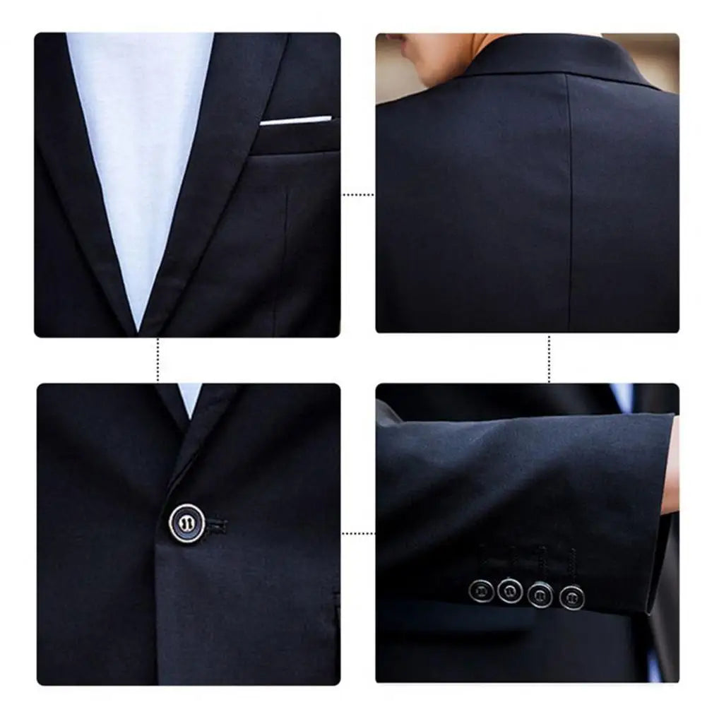 1 Set Men Jacket Pants Solid Color Turndown Collar Slim Fit Business Suit Set Groom Trousers for Wedding Office