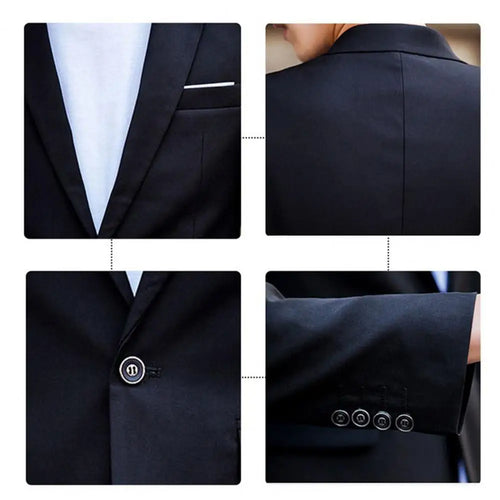 1 Set Men Jacket Pants Solid Color Turndown Collar Slim Fit Business Suit Set Groom Trousers for Wedding Office