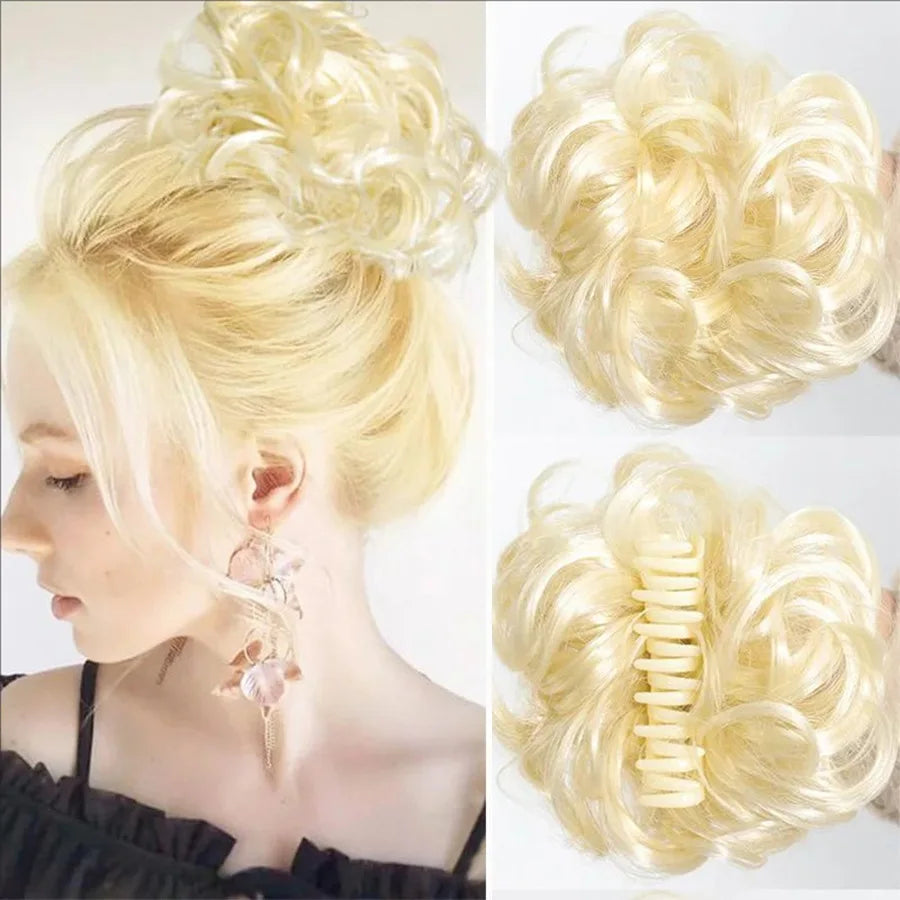 Synthetic messy hair clip bun short curly hair clip in a woman's ponytail hair extension bun wig