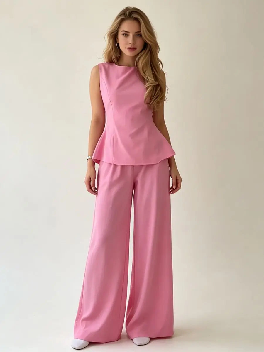 2026 Women Elegant Back Tie Sleeveless Peplum Top + Wide Leg Pants 2 Piece Casual Set