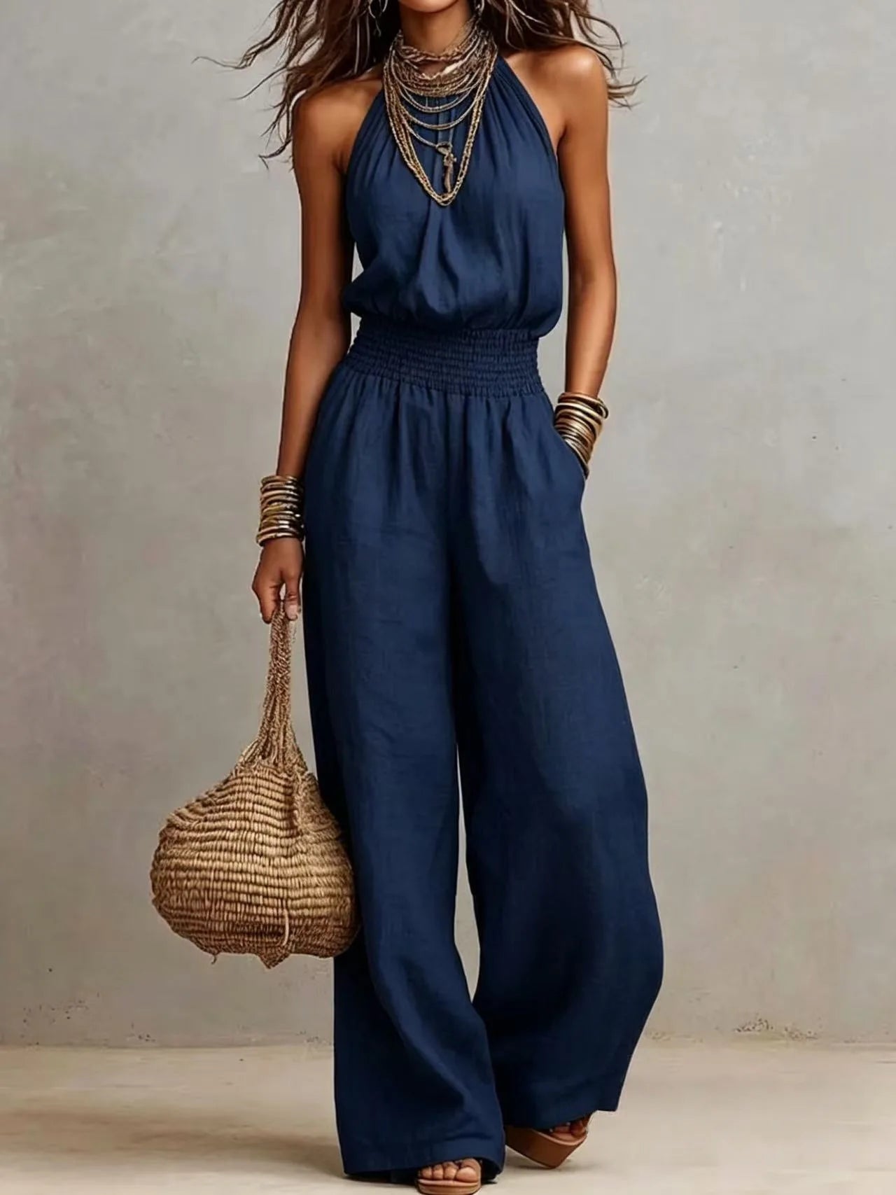 New Sleeveless Linen Backless Jumpsuit Women's Cross-Border Street Style Wide Leg Pants Long Trousers No Neck Label