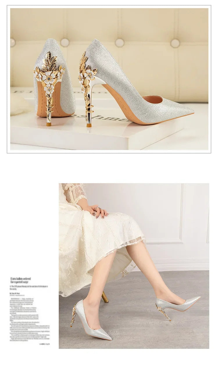 High End Metal Flower High Heels New European American Fashion Luxury Sexy Pointed Women's Shoes Banquet Party Casual Shoes