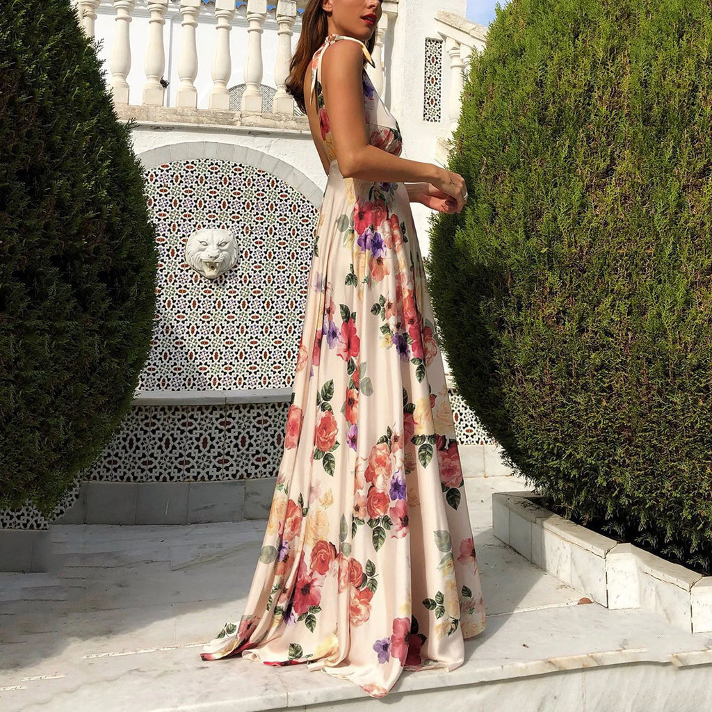 Boho Style Long Dress Beach Holiday Dress Halter Maxi Print Slip Dress Summer Women's Dress