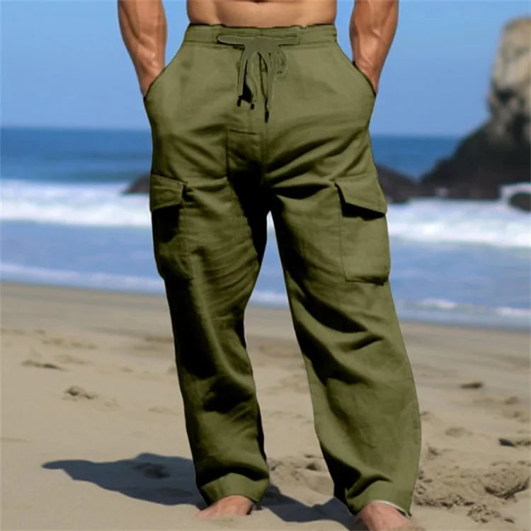 Men's Linen Cargo Pants Drawstring Multi-Pocket Straight Leg Solid Color Breathable Casual Outdoor Trousers