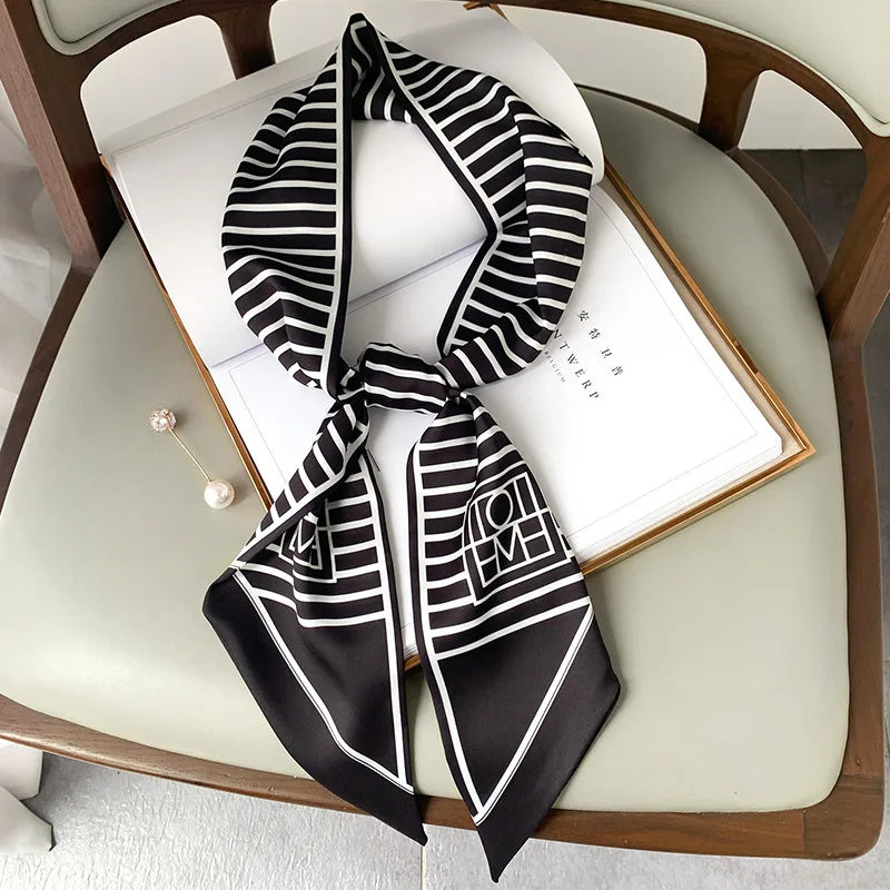 Fashion Blue Print Silk Scarf Women Soft Satin Horse Hairband Bevel Neckerchief Office Hijab Headband Foulard Bag Ribbons Gift