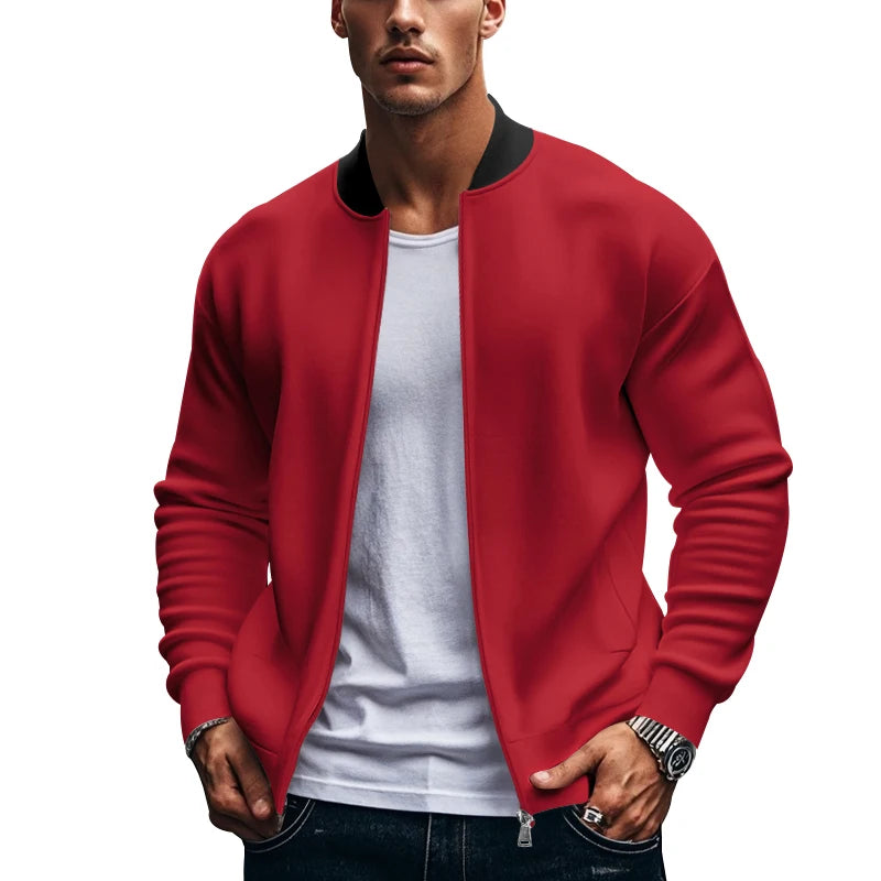 2024 New Spring And Autumn Men's Stand Collar Jacket Solid Color Leisure Sports Long Sleeve Zipper Coat Straight Tube Large Size