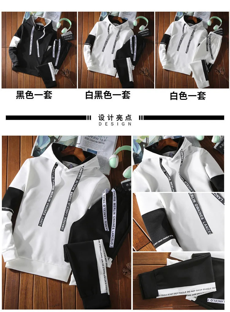 Autumn Unisex Korean Color Block Hooded Two Piece Tracksuit Letter Print Drawstring Hoodie Jogger Pants Loose Hip Hop Student Da