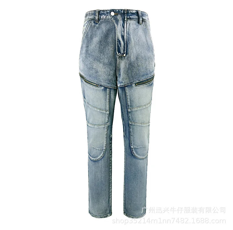 Jeans Men Long Pant Denim Pants Zipper Straight Trousers Pockets Splice Slim Fit Hole High Waist Casual Autumn spring 2026