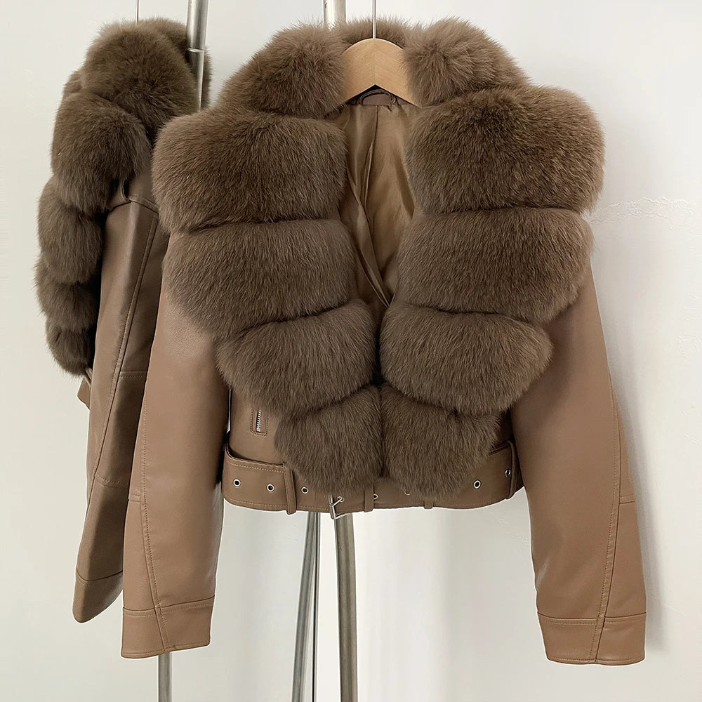 Fake Leather Coat New Natural Fox Fur Autumn Short Faux Leather Jacket Female Spring PU Women Long Sleeve Real Fur Coat Thin